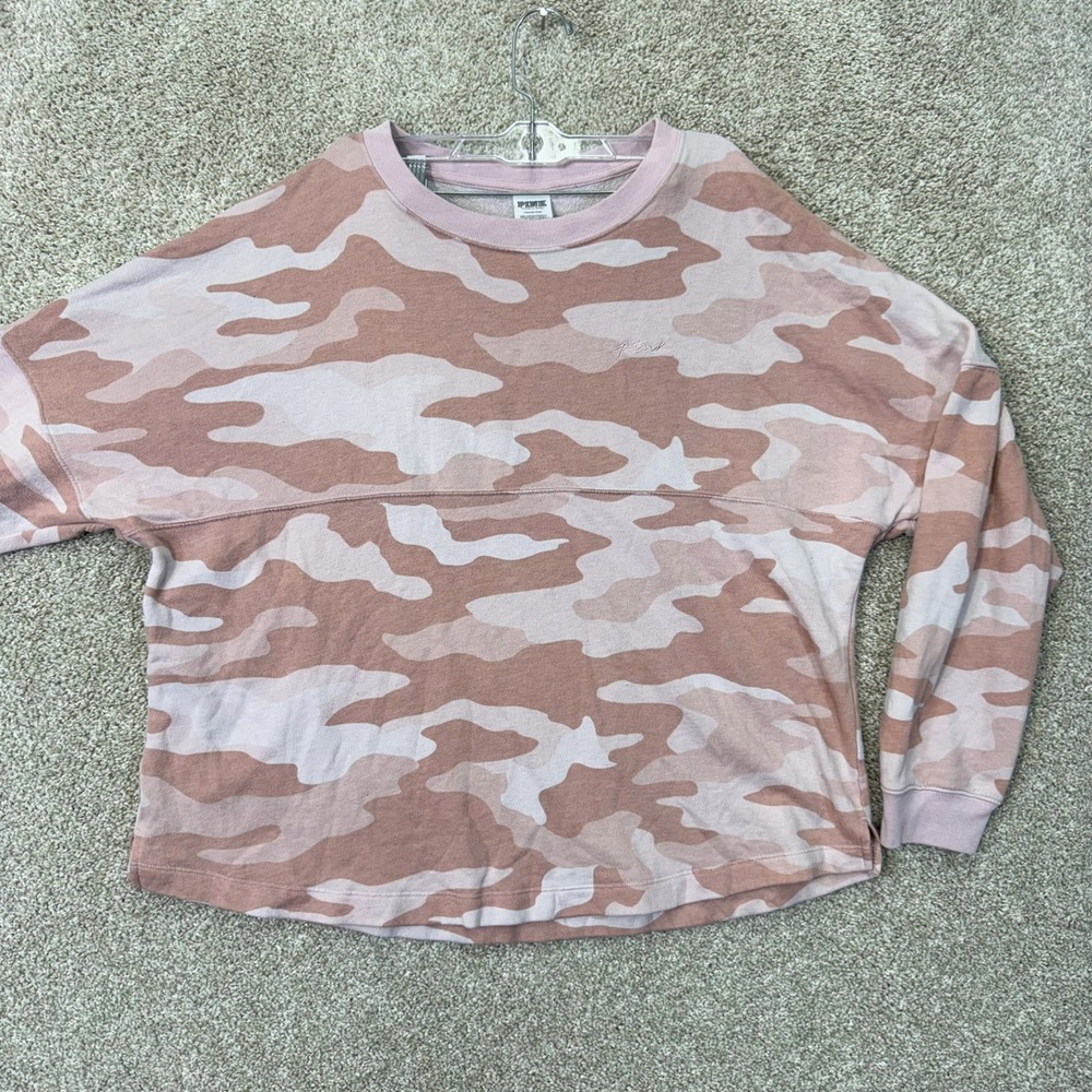 PINK Victoria's Secret Sweatshirt Womens L Pink Camo Embroidered Back EUC